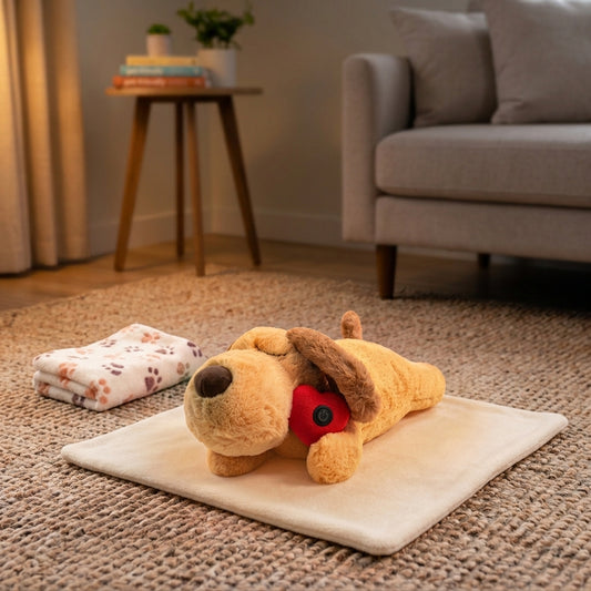 Littlebeat heartbeat plush resting on the self-heating crate mat, with a folded paw-print blanket